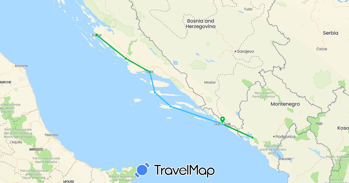 TravelMap itinerary: driving, bus, boat in Croatia, Montenegro (Europe)